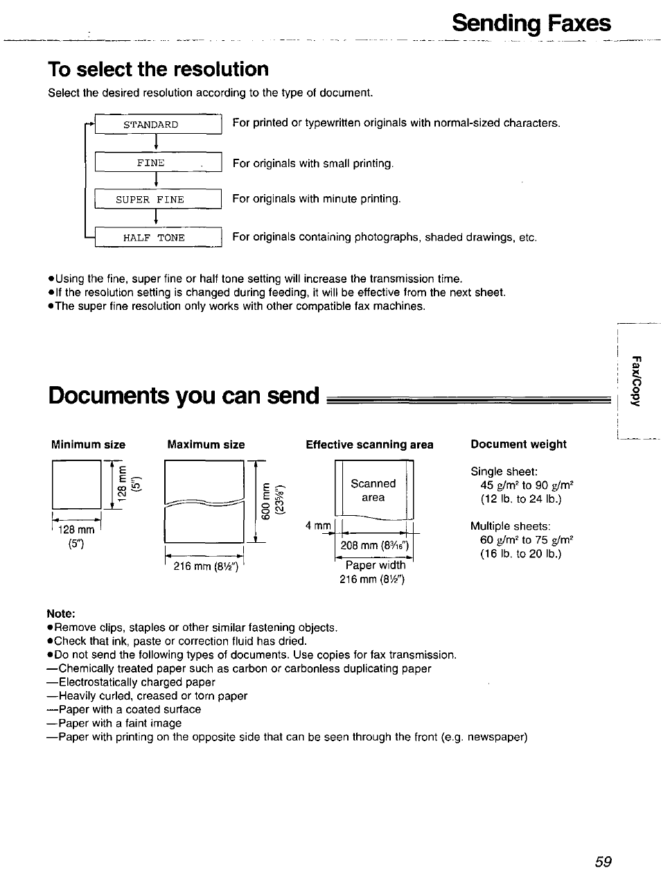 To select the resolution, Documents you can send, Effective scanning area | Document weight, Note, Sending faxes | Panasonic 2-LINE PLAIN PAPER FAX KX-FPW111 User Manual | Page 59 / 132