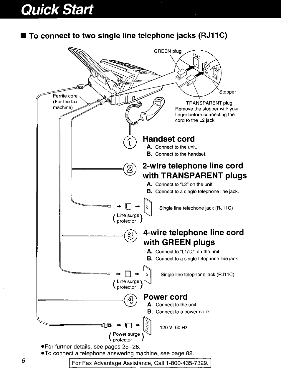Quick start, Handset cord, Wire telephone line cord with transparent plugs | Wire telephone line cord with green plugs, Power cord | Panasonic 2-LINE PLAIN PAPER FAX KX-FPW111 User Manual | Page 6 / 132