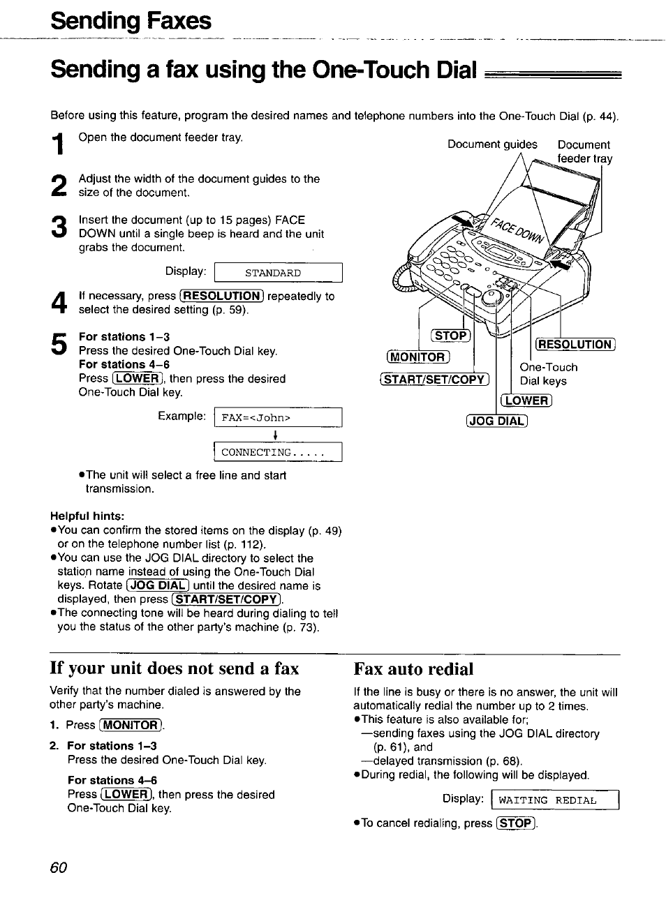 Jog dial, If your unit does not send a fax, Fax auto redial | Panasonic 2-LINE PLAIN PAPER FAX KX-FPW111 User Manual | Page 60 / 132