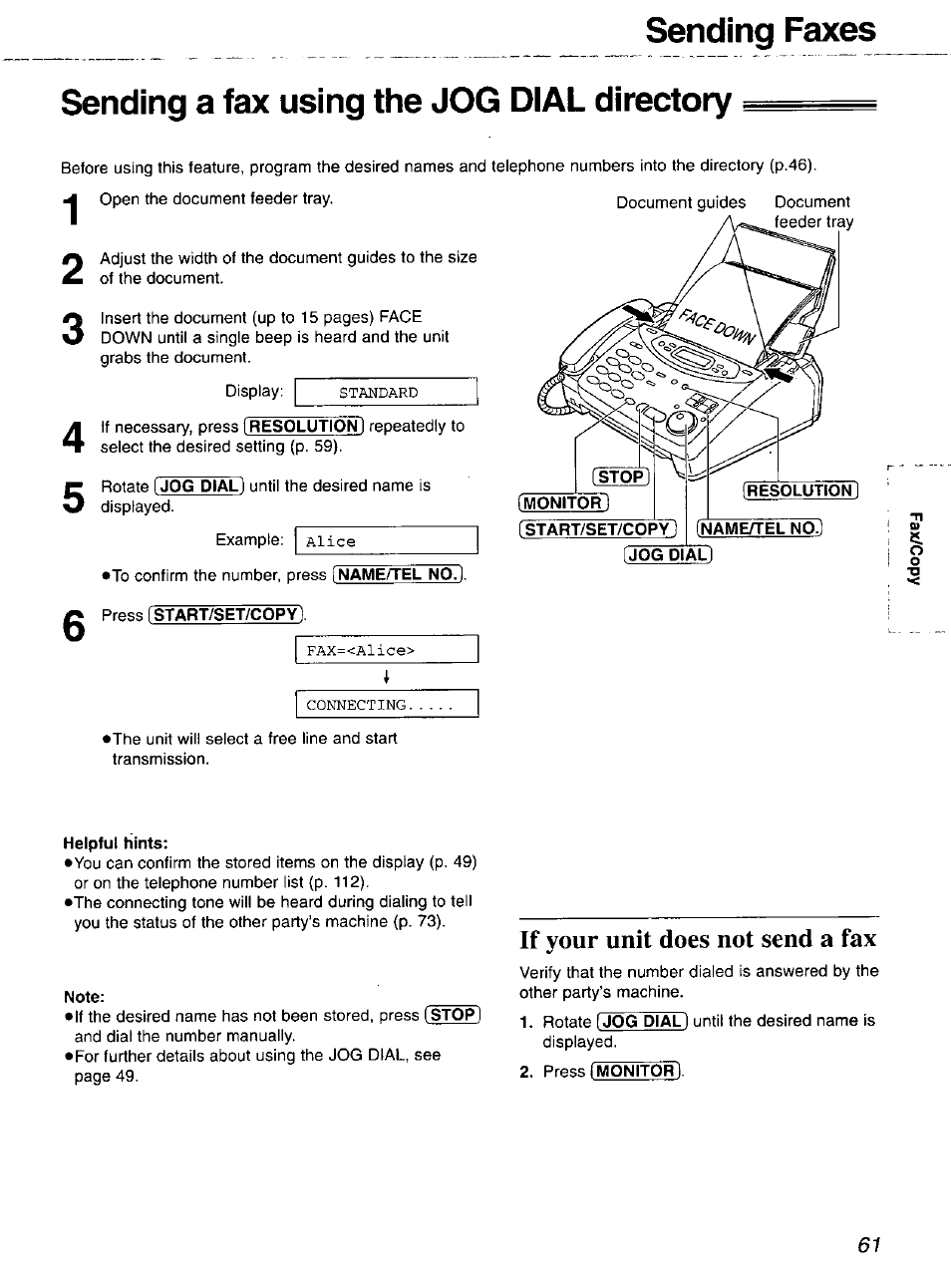 If your unit does not send a fax | Panasonic 2-LINE PLAIN PAPER FAX KX-FPW111 User Manual | Page 61 / 132