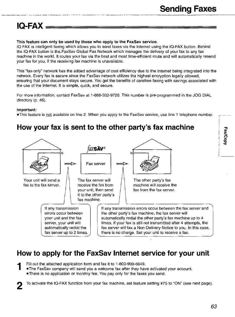 Iq-fax, Important, Sending faxes iq-fax | Panasonic 2-LINE PLAIN PAPER FAX KX-FPW111 User Manual | Page 63 / 132