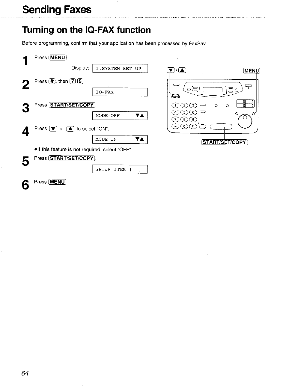 Turning on the iq-fax function, Press [start/set/copy, Menu | Start/set/copy, Sending faxes | Panasonic 2-LINE PLAIN PAPER FAX KX-FPW111 User Manual | Page 64 / 132