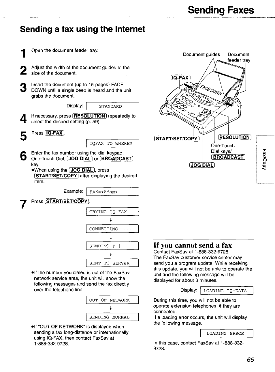 Sending a fax using the internet, Ijog, Broadcast | If you cannot send a fax, Sending a fax using the one-touch dial, Sending faxes | Panasonic 2-LINE PLAIN PAPER FAX KX-FPW111 User Manual | Page 65 / 132