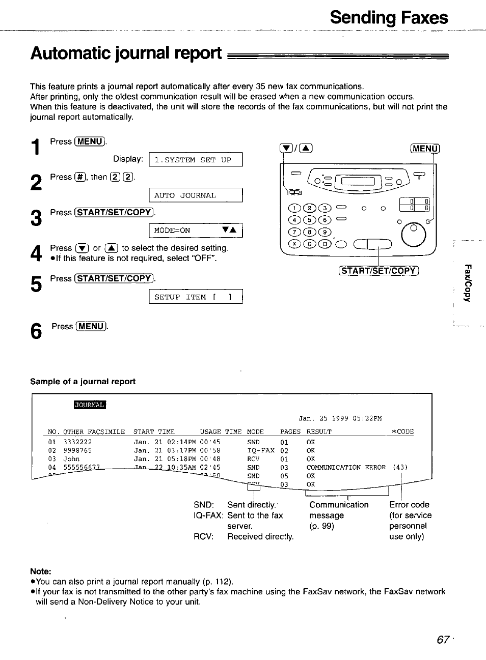 Automatic journai report, Automatic journal report, Sending faxes automatic journai report | Panasonic 2-LINE PLAIN PAPER FAX KX-FPW111 User Manual | Page 67 / 132