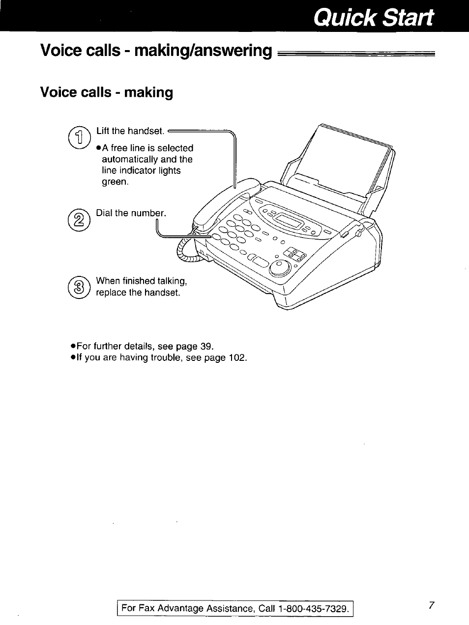 Quick start, Voice calls - making/answering, Voice calls - making | Panasonic 2-LINE PLAIN PAPER FAX KX-FPW111 User Manual | Page 7 / 132