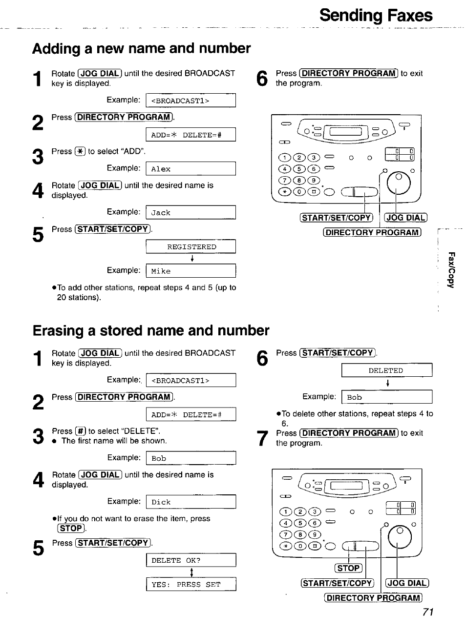 Adding a new name and number, Press [directory program, Start/set/copy] [jog dial] [directory program | Erasing a stored name and number, Stop, Start/set/copy, Jog dial, Directory prograli, Sending faxes | Panasonic 2-LINE PLAIN PAPER FAX KX-FPW111 User Manual | Page 71 / 132