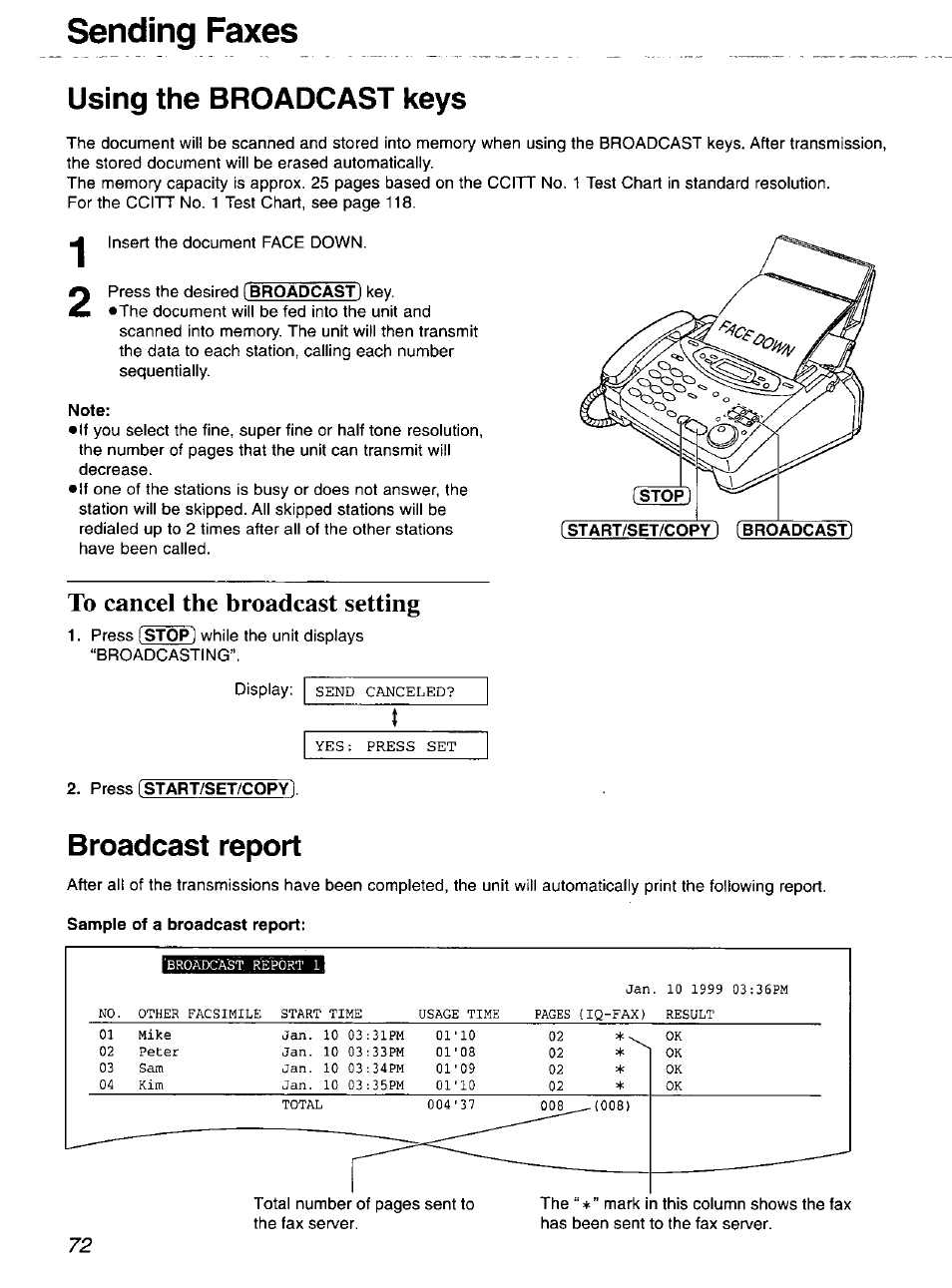 Using the broadcast keys, To cancel the broadcast setting, Broadcast report | Sending faxes | Panasonic 2-LINE PLAIN PAPER FAX KX-FPW111 User Manual | Page 72 / 132