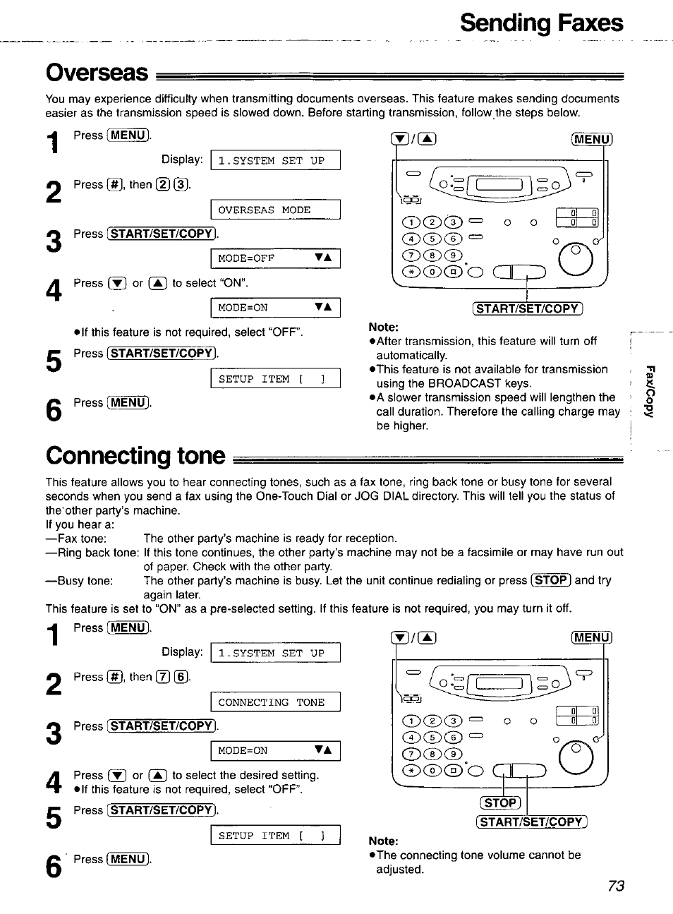 Overseas, Connecting tone, Note | Press [startvset/coi, Press [start/set/copy, Menu, Overseas connecting tone, Sending faxes overseas | Panasonic 2-LINE PLAIN PAPER FAX KX-FPW111 User Manual | Page 73 / 132