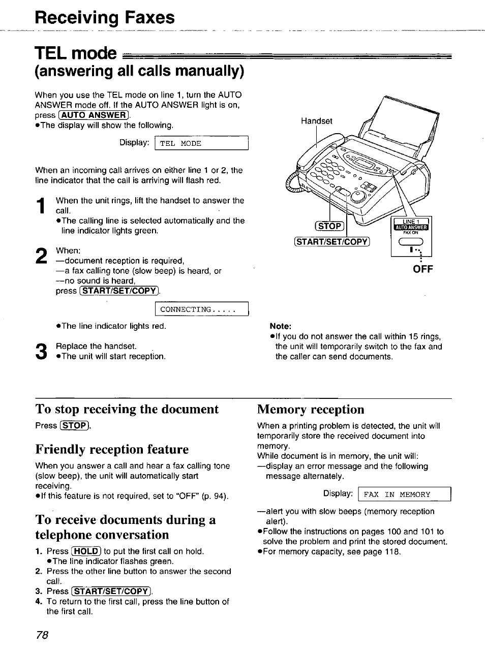 Tel mode, Answering all calls manually), To stop receiving the document | Friendly reception feature, Memory reception, Tel mode (answering all calls manually), Memory reception alert, Receiving faxes tel mode | Panasonic 2-LINE PLAIN PAPER FAX KX-FPW111 User Manual | Page 78 / 132