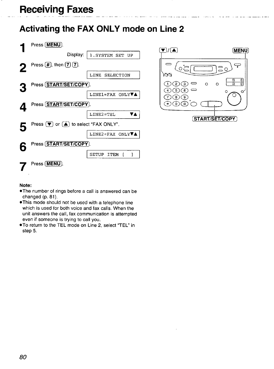 Activating the fax only mode on line 2, 2 press istart/set/copy, Press istart/set/copy | Note, Start/set/copyl, Receiving faxes | Panasonic 2-LINE PLAIN PAPER FAX KX-FPW111 User Manual | Page 80 / 132