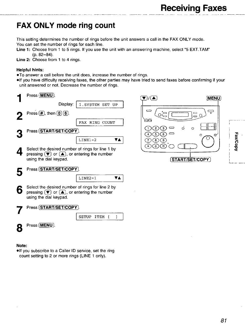 Fax only mode ring count, Helpful hints, Receiving faxes | Cd о cl | Panasonic 2-LINE PLAIN PAPER FAX KX-FPW111 User Manual | Page 81 / 132