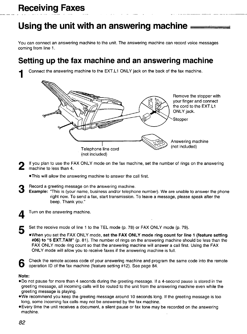 Using the unit with an answering machine, Note | Panasonic 2-LINE PLAIN PAPER FAX KX-FPW111 User Manual | Page 82 / 132
