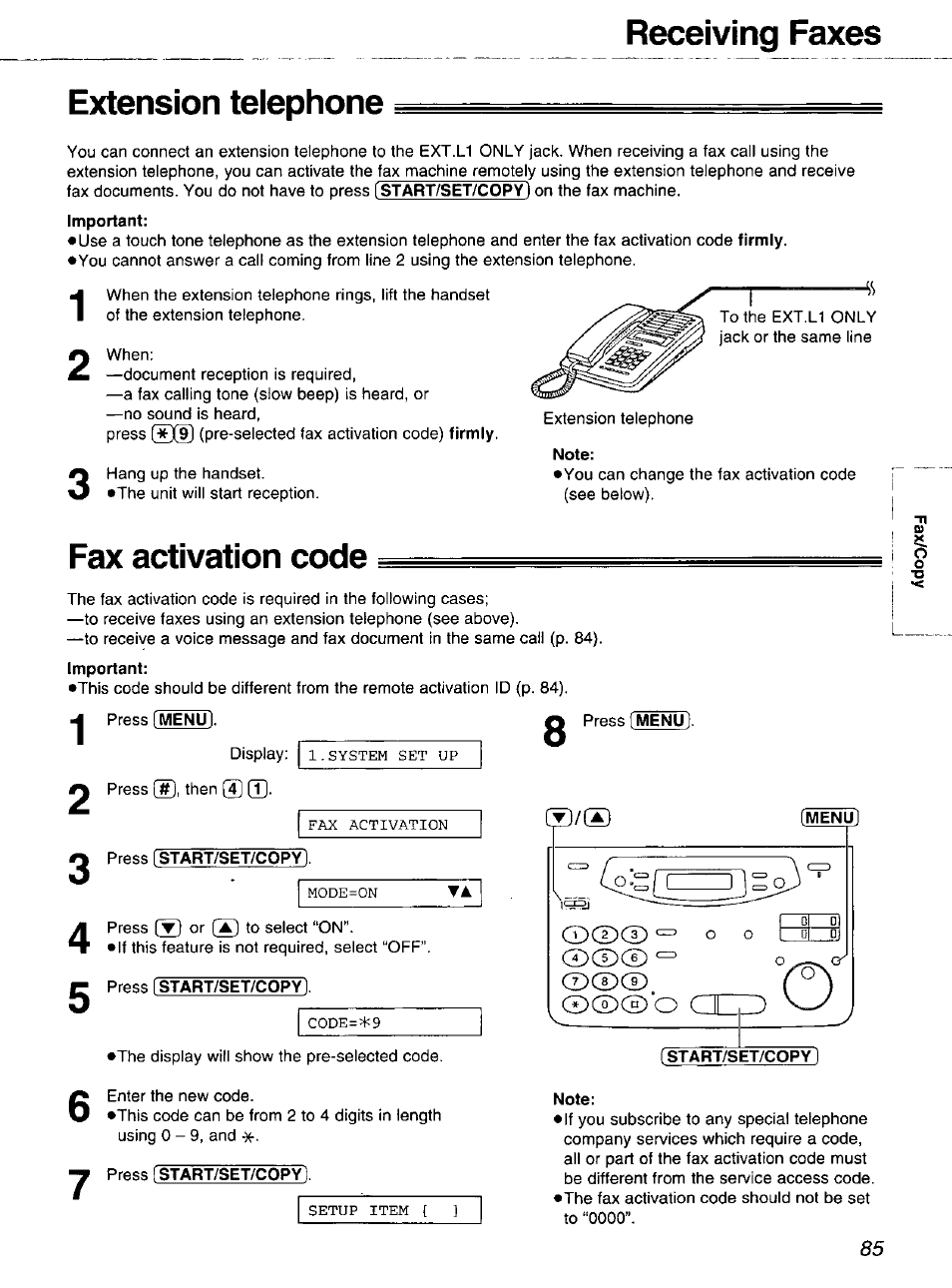 Extension telephone, Fax activation code, Press [start/set/copyl | Note, Extension telephone fax activation code, Receiving faxes extension telephone, Cd cd | Panasonic 2-LINE PLAIN PAPER FAX KX-FPW111 User Manual | Page 85 / 132