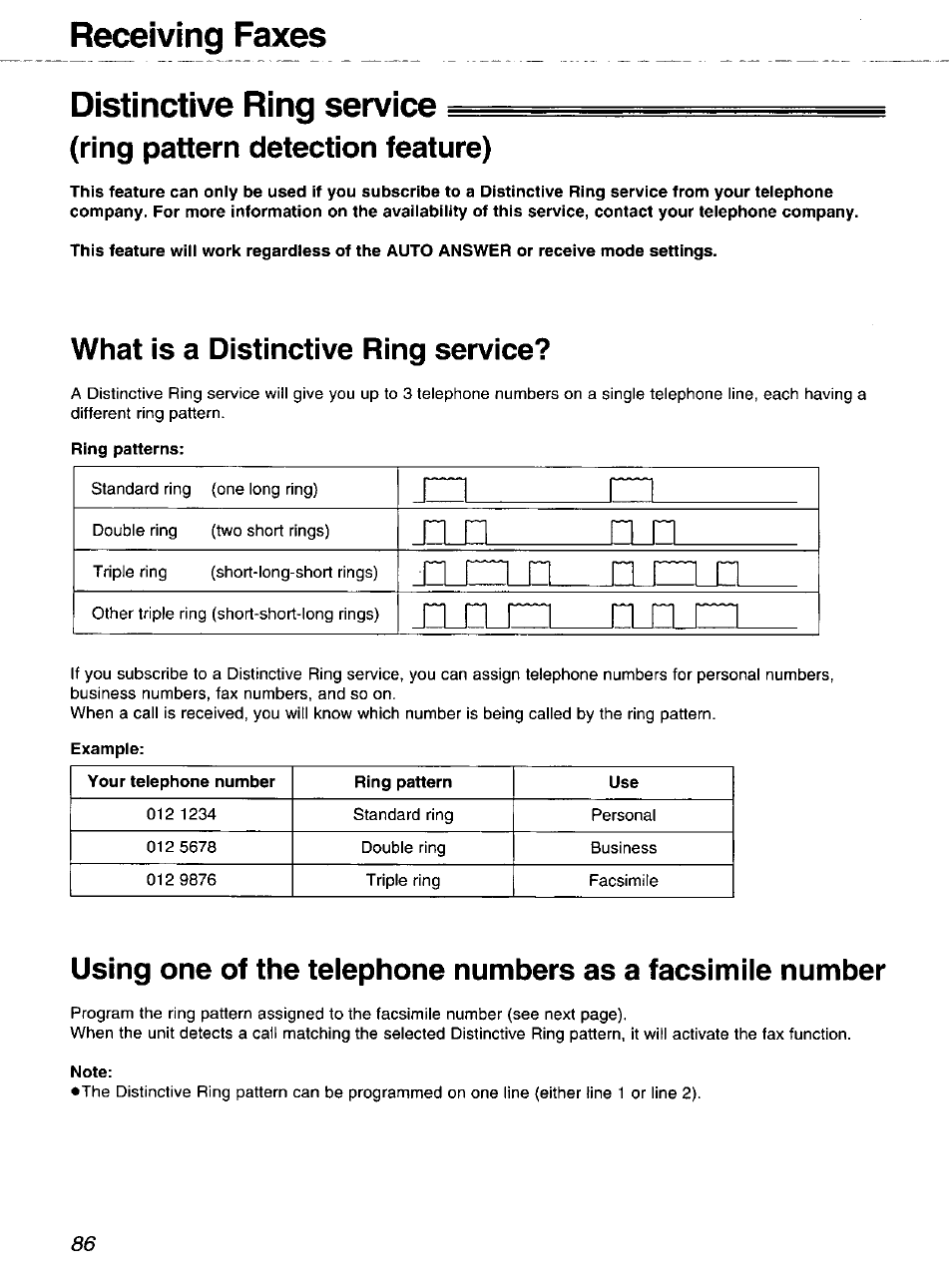 Distinctive ring service, Ring pattern detection feature), What is a distinctive ring service | Ring patterns, Receiving faxes | Panasonic 2-LINE PLAIN PAPER FAX KX-FPW111 User Manual | Page 86 / 132