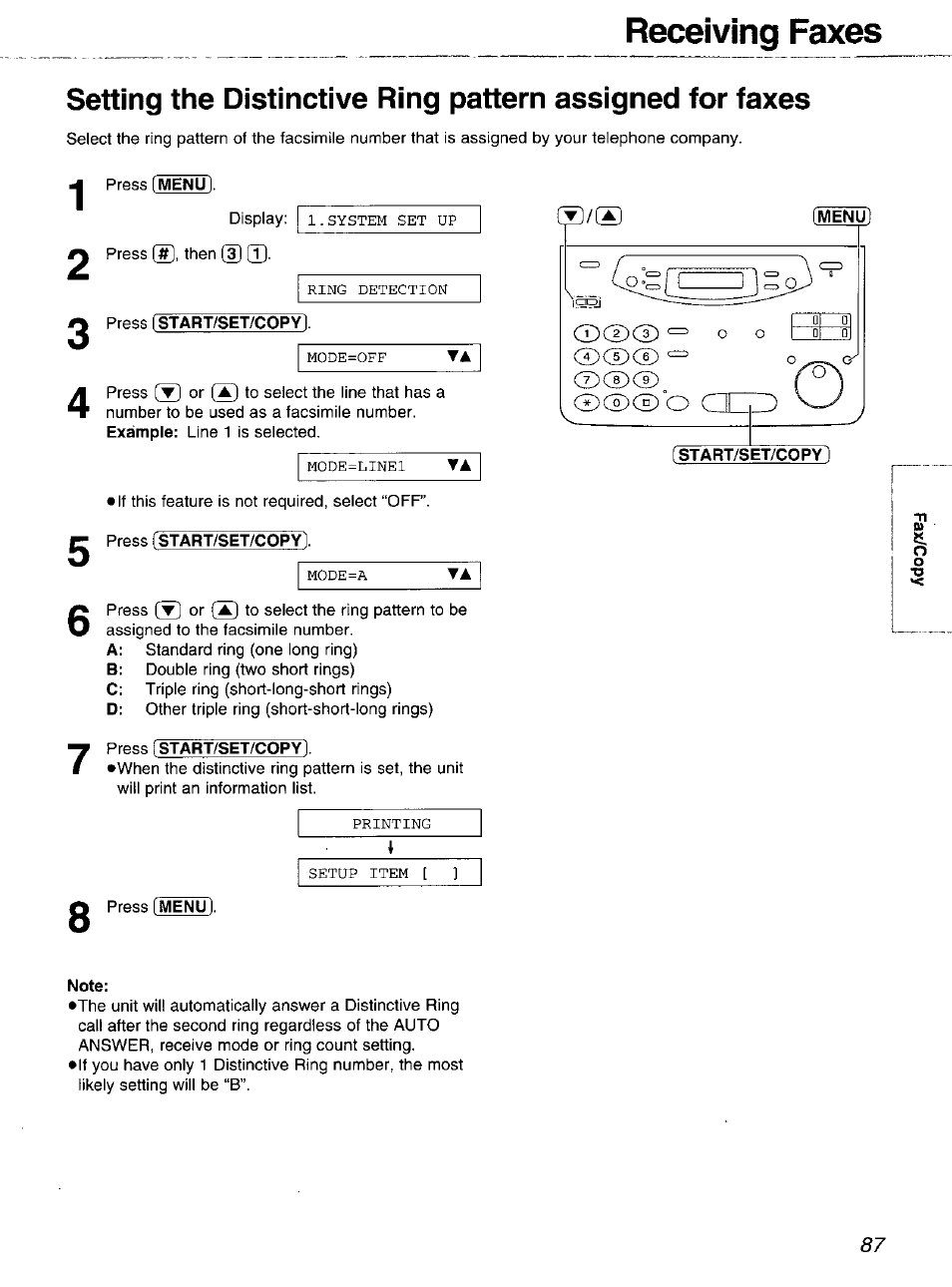 Receiving faxes | Panasonic 2-LINE PLAIN PAPER FAX KX-FPW111 User Manual | Page 87 / 132