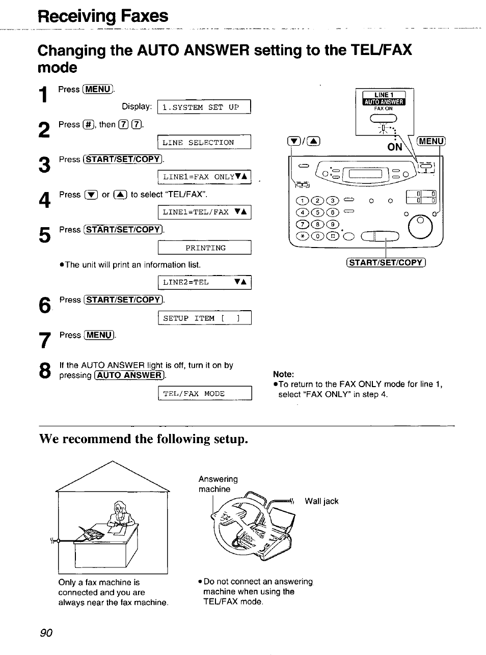 We recommend the following setup, Receiving faxes | Panasonic 2-LINE PLAIN PAPER FAX KX-FPW111 User Manual | Page 90 / 132
