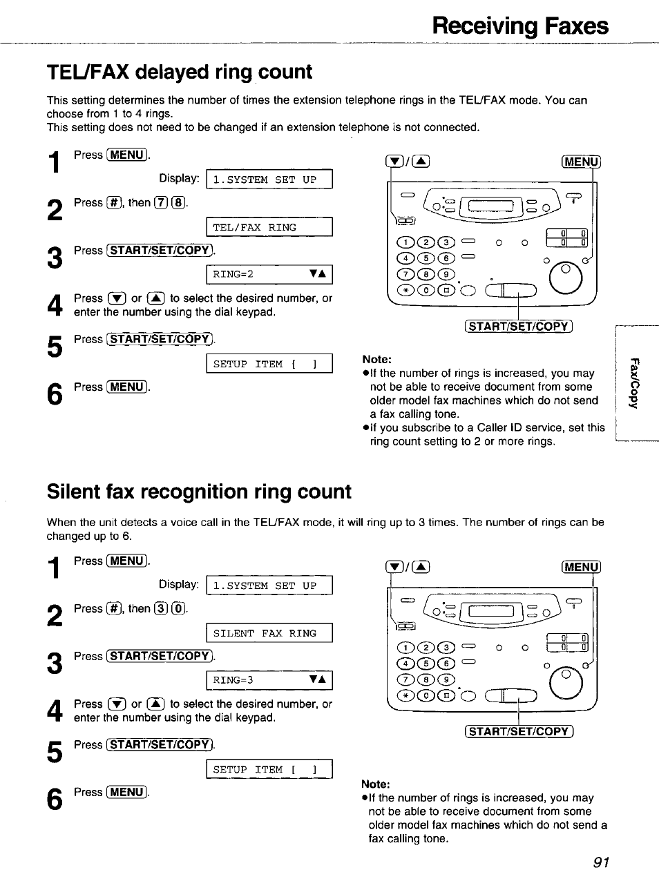 Tel/fax delayed ring count, Press [start/set/copy, L^nul | T/sct/c0py1, Silent fax recognition ring count, Start/set/copy, Receiving faxes | Panasonic 2-LINE PLAIN PAPER FAX KX-FPW111 User Manual | Page 91 / 132