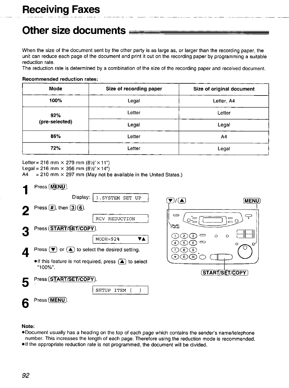 Receiving faxes other size documents, Press fstart/set/copy, Press [start/set/copy]. press fwlenul | Menu, Start/set/copy), Note | Panasonic 2-LINE PLAIN PAPER FAX KX-FPW111 User Manual | Page 92 / 132