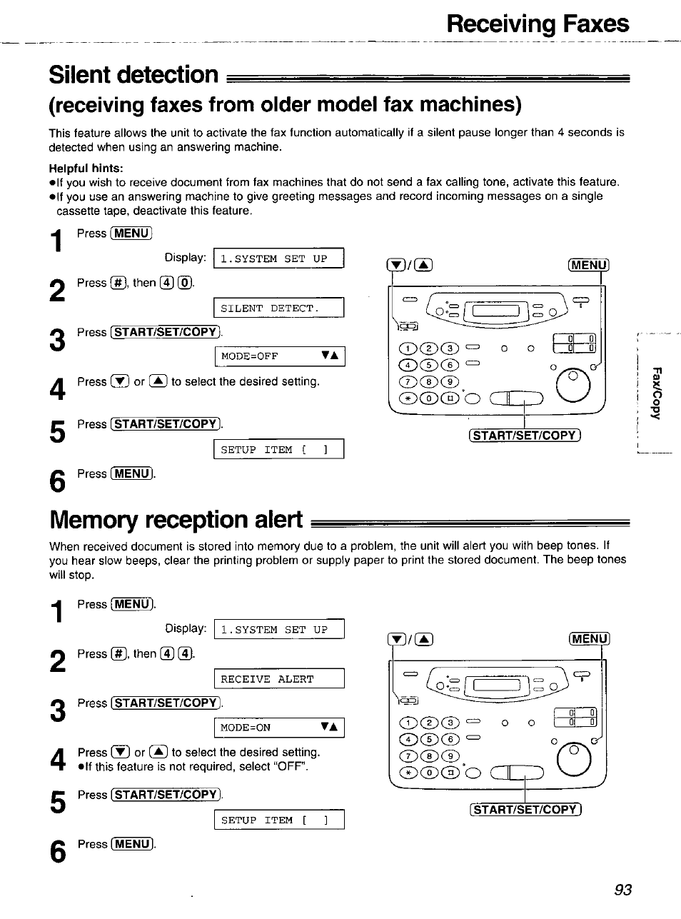 Receiving faxes silent detection, Receiving faxes from oider modei fax machines) | Panasonic 2-LINE PLAIN PAPER FAX KX-FPW111 User Manual | Page 93 / 132