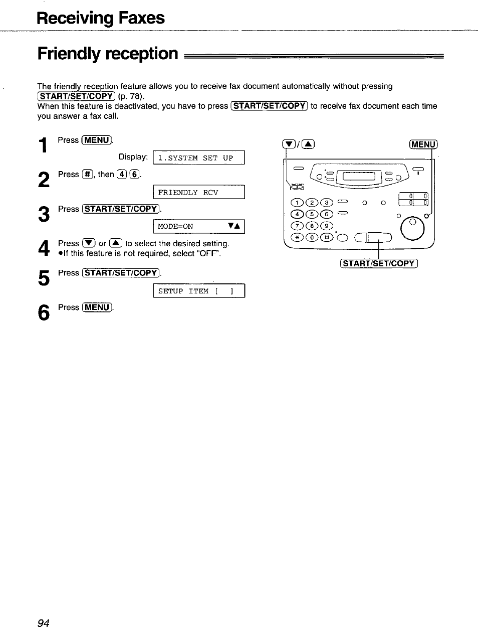 Friendly reception, Start/set/copy, Receiving faxes friendly reception | O ch® w | Panasonic 2-LINE PLAIN PAPER FAX KX-FPW111 User Manual | Page 94 / 132
