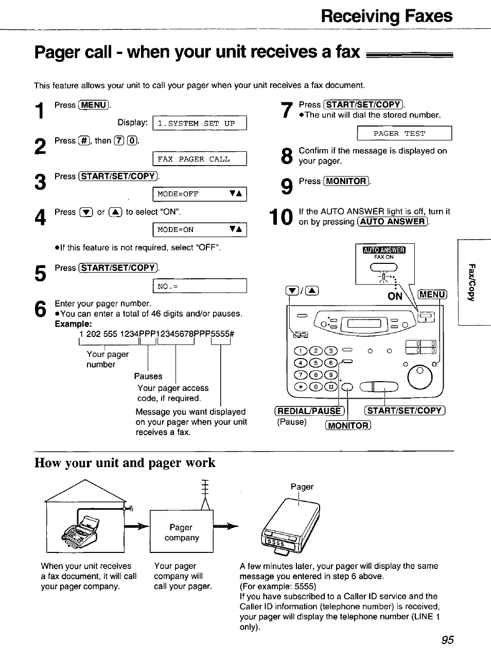 Redial/pausel, Start/set/copy, Itor | How your unit and pager work | Panasonic 2-LINE PLAIN PAPER FAX KX-FPW111 User Manual | Page 95 / 132