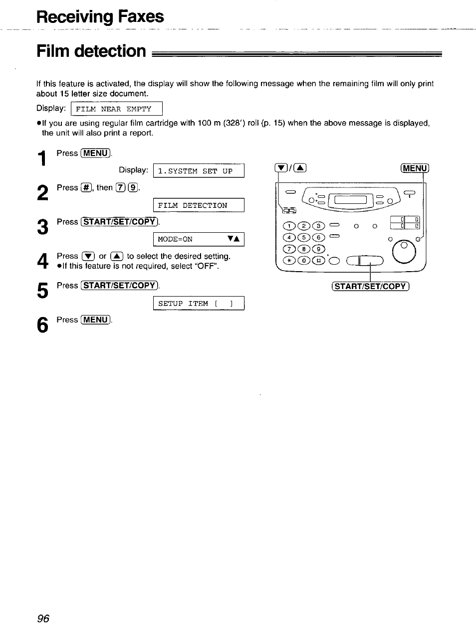 Receiving faxes film detection, Press [menu, Press start/set/copy | Press [start/set/copy], press [menu | Panasonic 2-LINE PLAIN PAPER FAX KX-FPW111 User Manual | Page 96 / 132