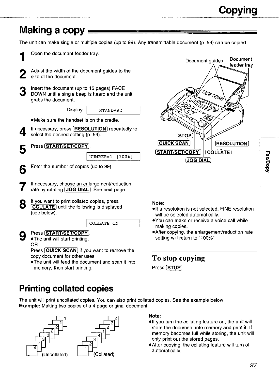 Copying, Making a copy, To stop copying | Printing collated copies, Copying making a copy | Panasonic 2-LINE PLAIN PAPER FAX KX-FPW111 User Manual | Page 97 / 132