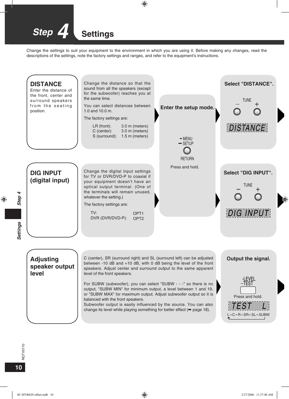 Step, Test l, Distance exit dig input c +4db | Settings | Panasonic SC-HT60 User Manual | Page 10 / 24