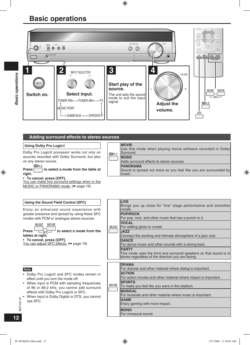 Basic operations, Switch on. select input. start play of the source, Adjust the volume | Adding surround effects to stereo sources | Panasonic SC-HT60 User Manual | Page 12 / 24