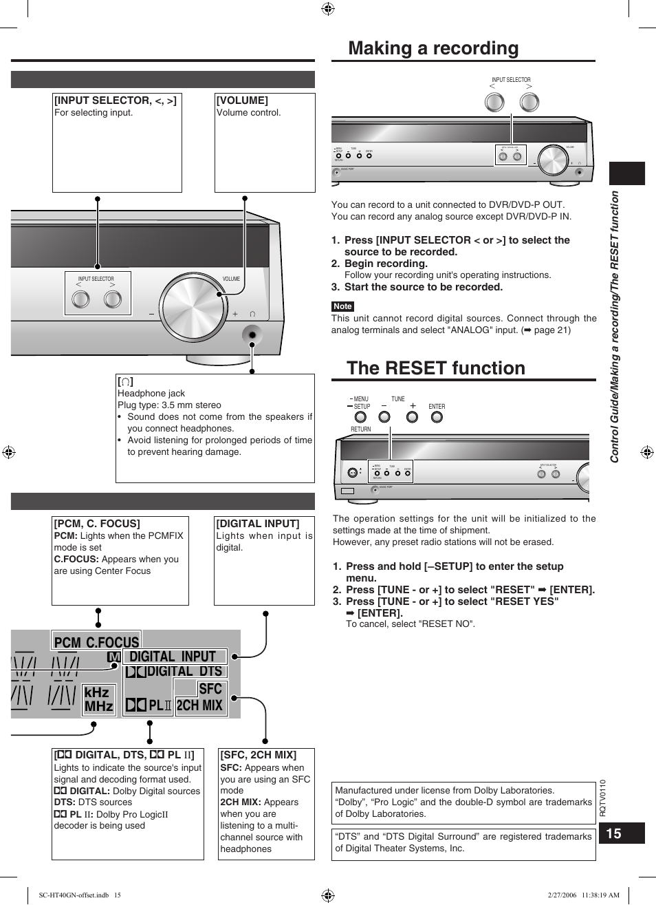 Making a recording, The reset function, Digital input digital dts pl 2ch mix sfc | C.focus, Tuned mono sleep pcm st khz mhz, Main unit, Display | Panasonic SC-HT60 User Manual | Page 15 / 24