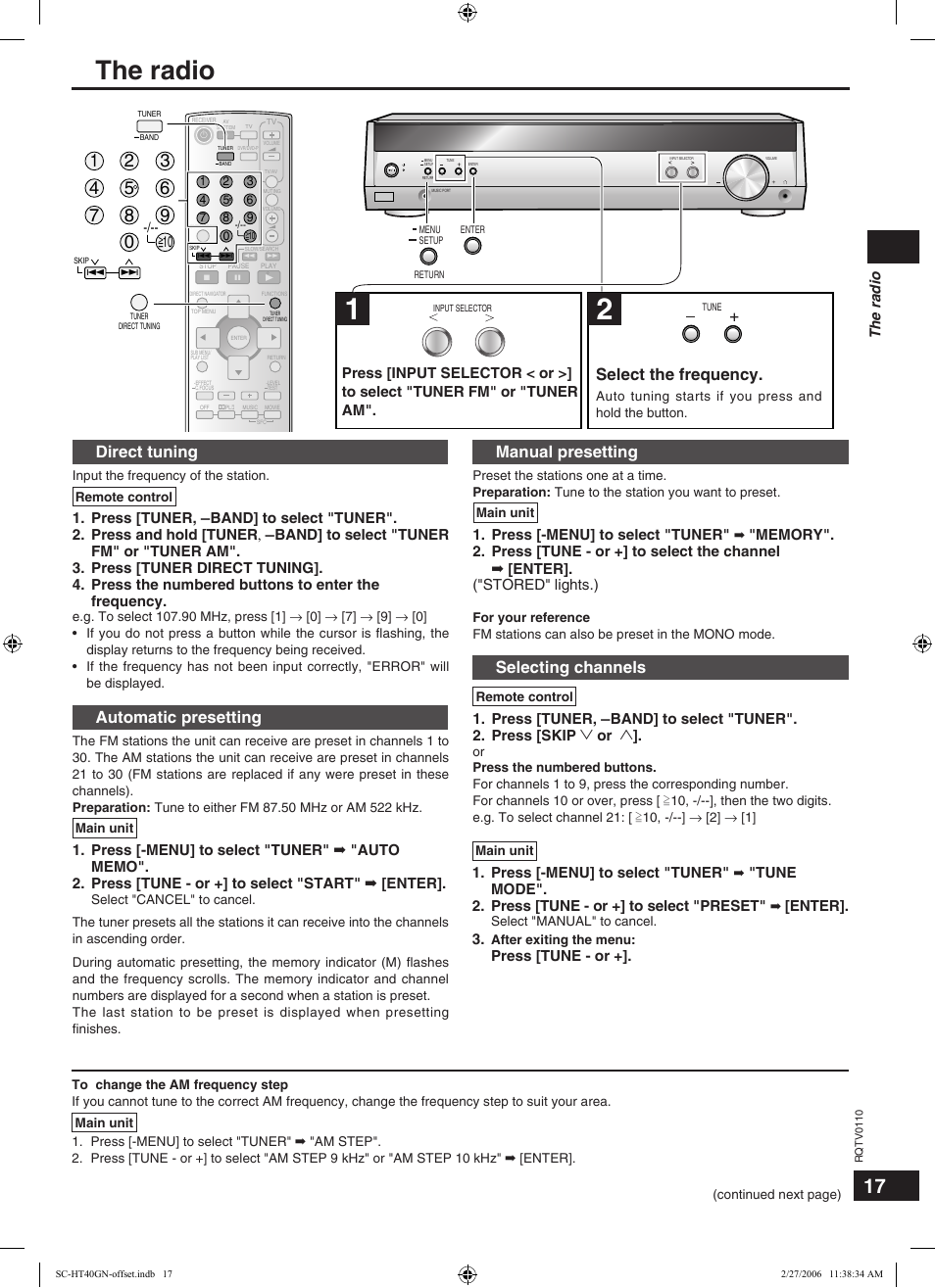 The radio, Select the frequency, Direct tuning | Automatic presetting, Manual presetting, Selecting channels, The radio 1. press [-menu] to select "tuner, Enter, Press [tune - or, Press [-menu] to select "tuner | Panasonic SC-HT60 User Manual | Page 17 / 24