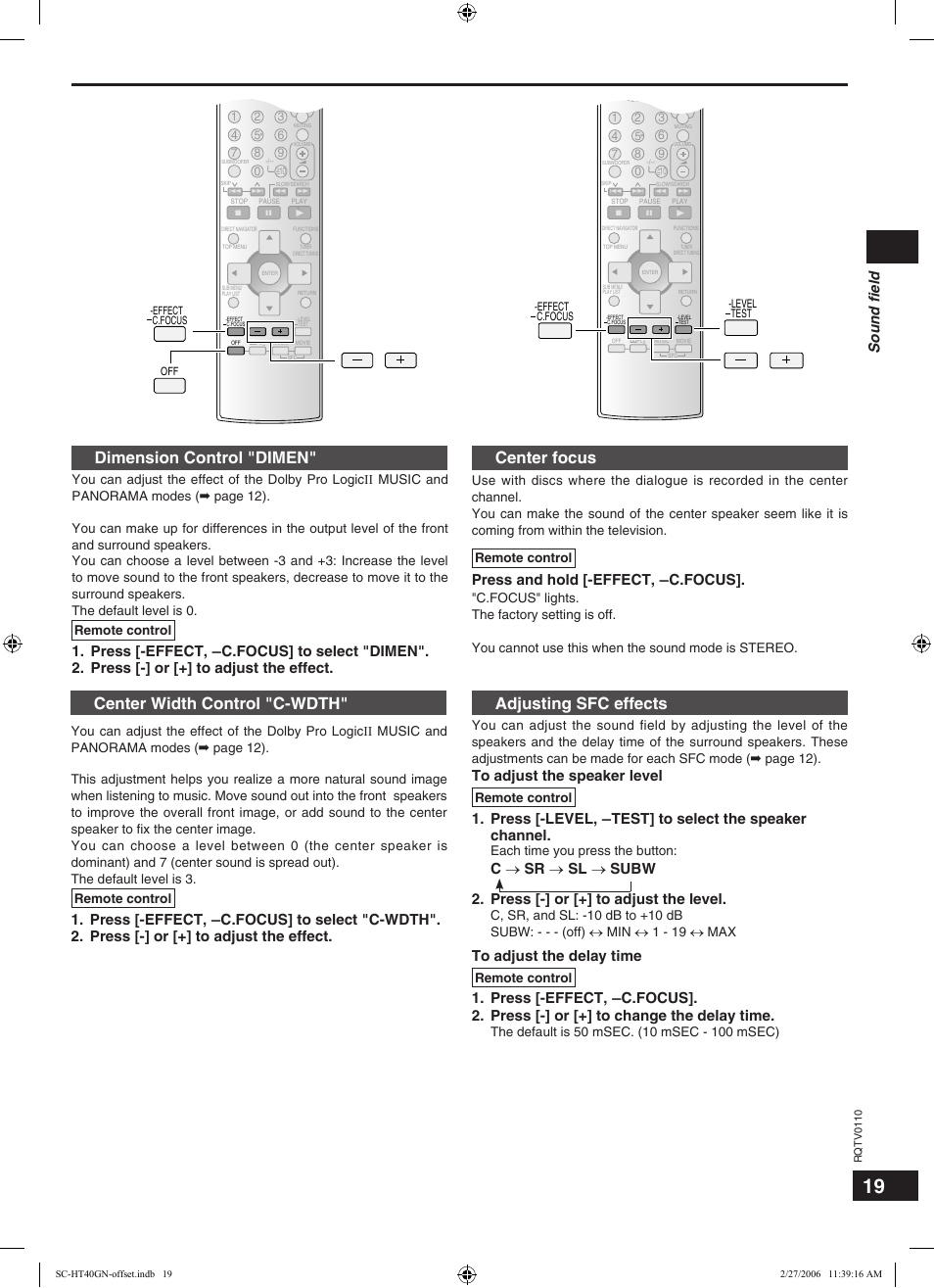 Adjusting sfc effects, Center focus, Dimension control "dimen | Center width control "c-wdth, Press and hold [-effect, ―c.focus, Sound ﬁeld, Each time you press the button, Remote control | Panasonic SC-HT60 User Manual | Page 19 / 24