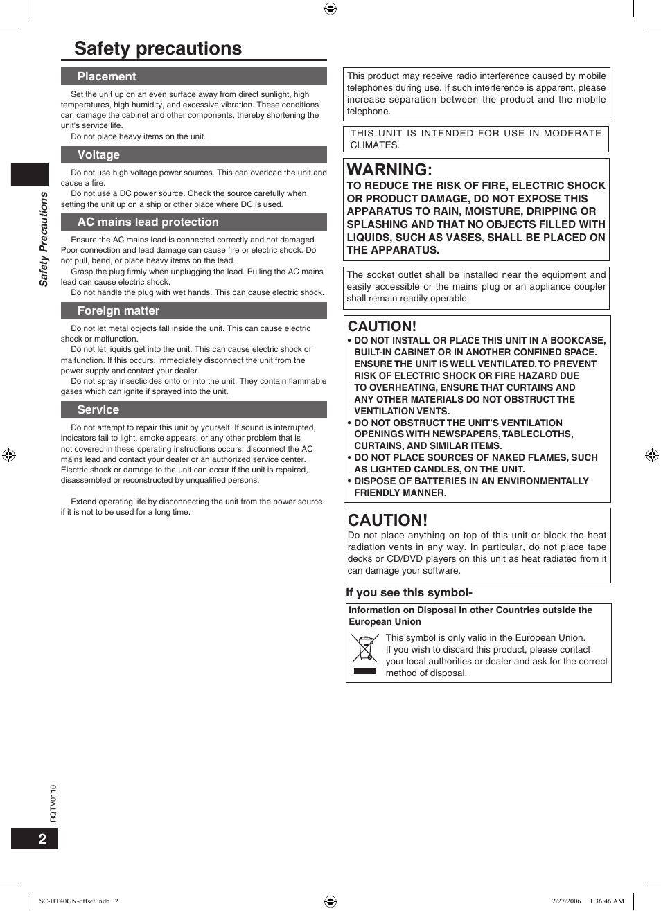 Safety precautions, Warning, Caution | Panasonic SC-HT60 User Manual | Page 2 / 24