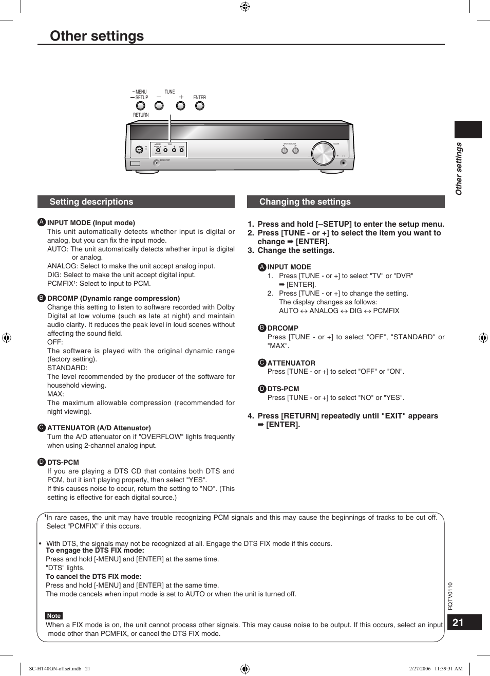 Other settings, Setting descriptions, Changing the settings | Panasonic SC-HT60 User Manual | Page 21 / 24