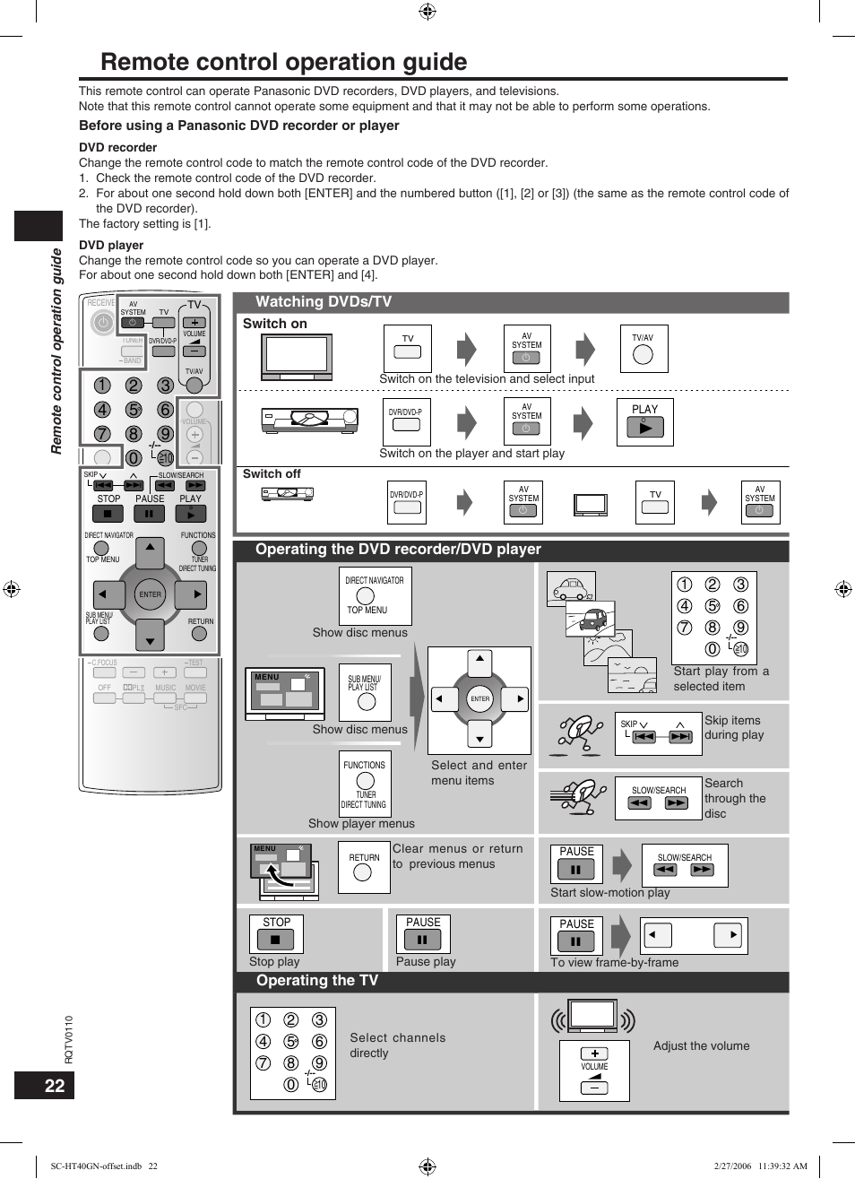 Remote control operation guide, Watching dvds/tv, Operating the dvd recorder/dvd player | Operating the tv, Switch on | Panasonic SC-HT60 User Manual | Page 22 / 24