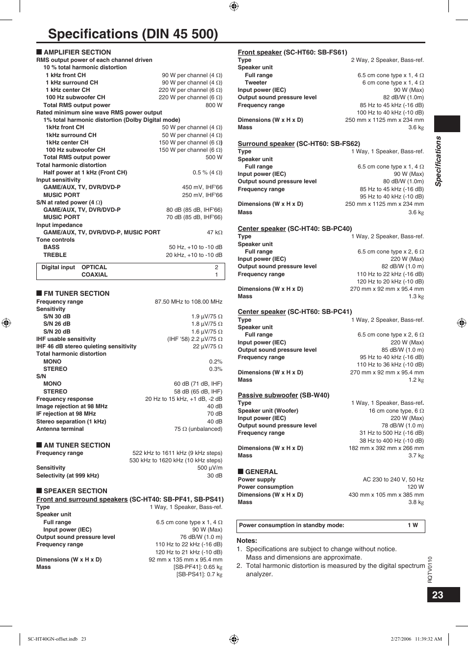 Speciﬁcations | Panasonic SC-HT60 User Manual | Page 23 / 24