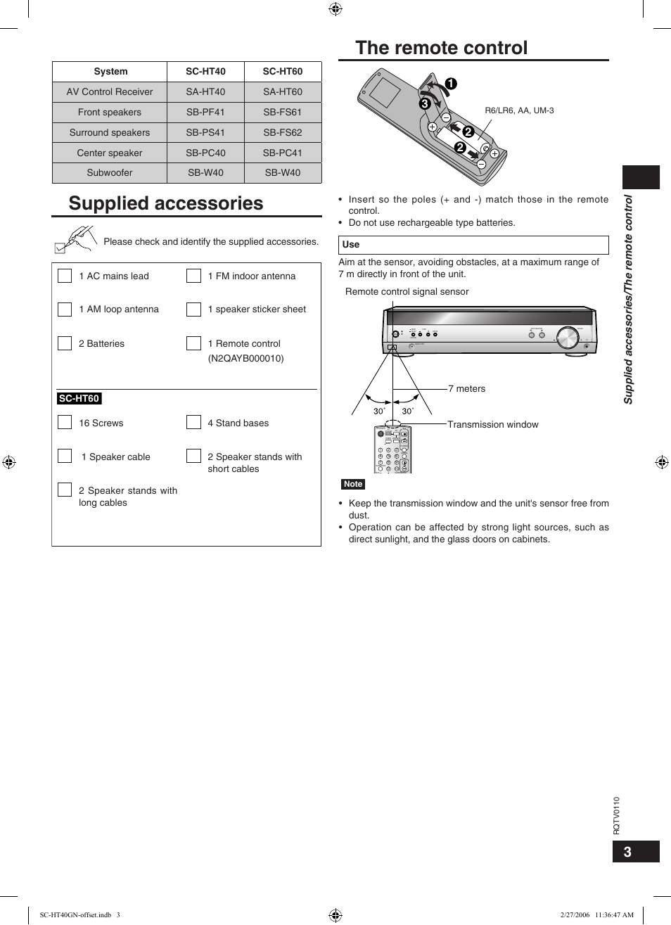 The remote control, Supplied accessories, Supplied accessories/the remote control | Please check and identify the supplied accessories | Panasonic SC-HT60 User Manual | Page 3 / 24