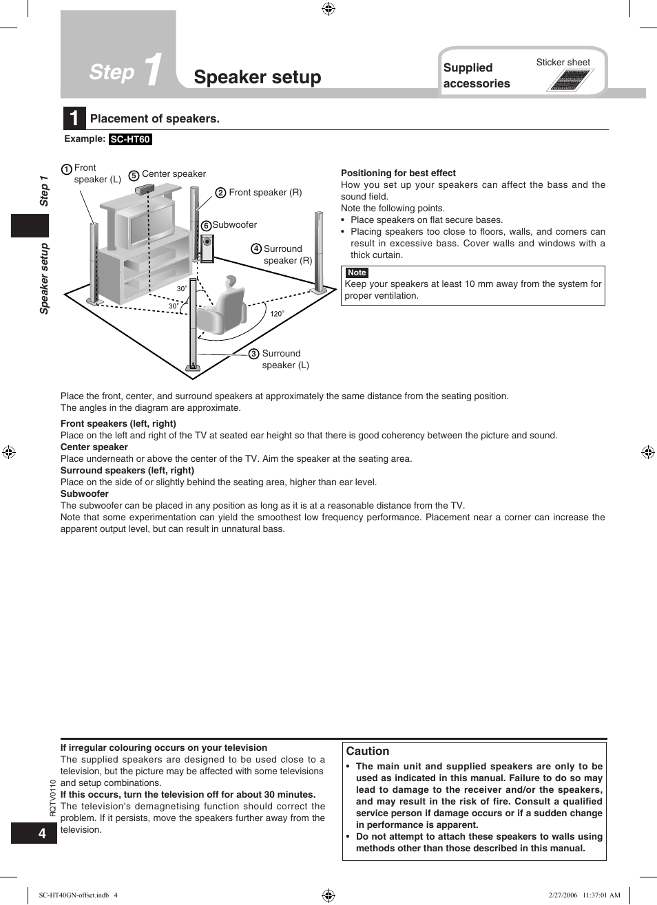 Step, Speaker setup | Panasonic SC-HT60 User Manual | Page 4 / 24