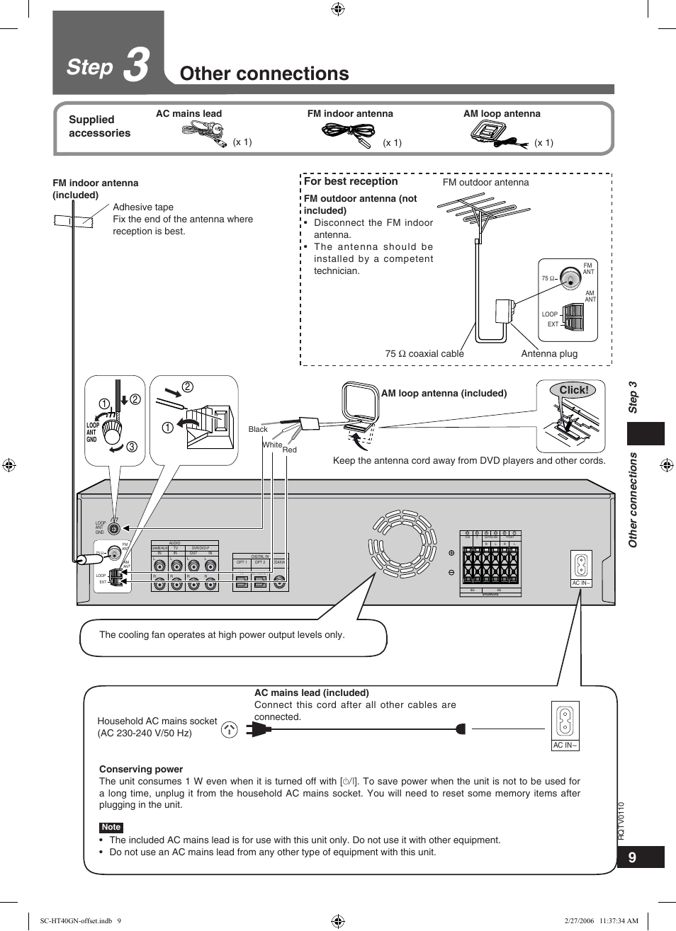 Step, Other connections, Click | For best reception, Supplied accessories, Other connections step 3, X 1), Ac mains lead fm indoor antenna am loop antenna | Panasonic SC-HT60 User Manual | Page 9 / 24