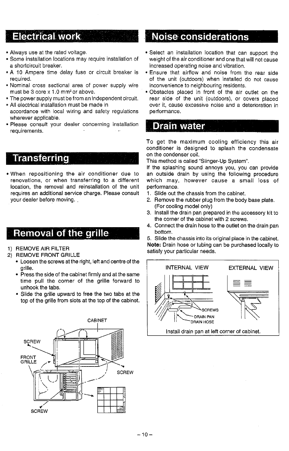 Noise gonsiderations, Transferring, Rernpval of the girille | Brain water, Noise, Eleetrlcal work, Gonsiderations | Panasonic CW-1773SR User Manual | Page 11 / 14