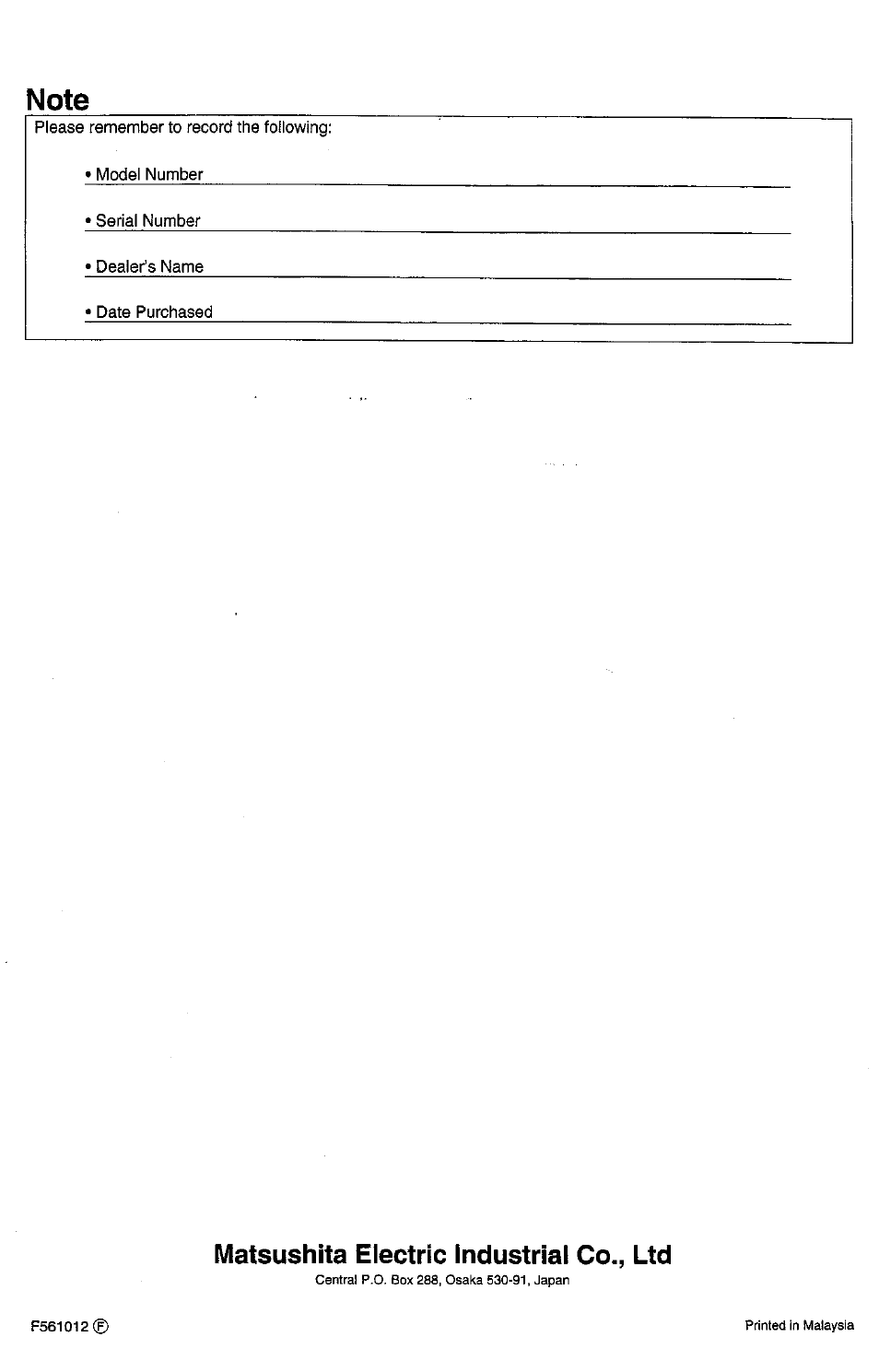 Note, Matsushita electric industrial co., ltd | Panasonic CW-1773SR User Manual | Page 14 / 14