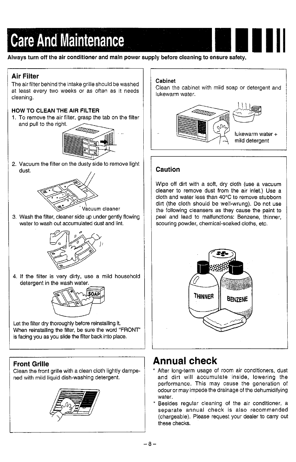 Air filter, Caution, Annual check | Panasonic CW-1773SR User Manual | Page 9 / 14