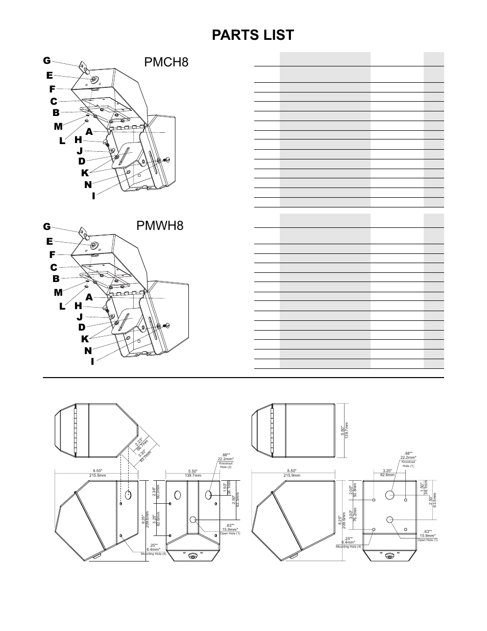 Parts list, Pmch8 pmwh8 | Panasonic PMWH8 User Manual | Page 2 / 3