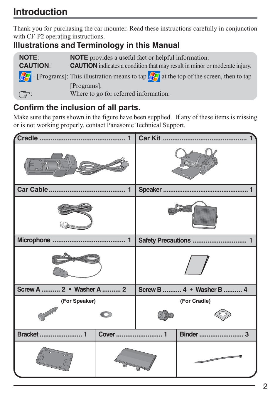 Introduction, Illustrations and terminology in this manual, Confirm the inclusion of all parts | Panasonic CF-P2 User Manual | Page 2 / 7
