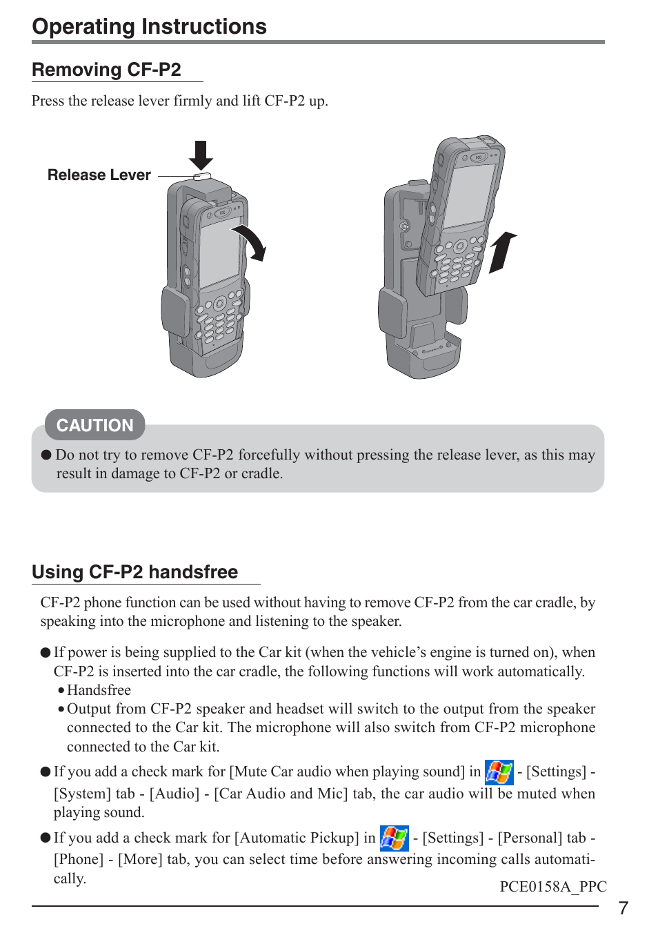 Operating instructions, Using cf-p2 handsfree, Removing cf-p2 | Panasonic CF-P2 User Manual | Page 7 / 7