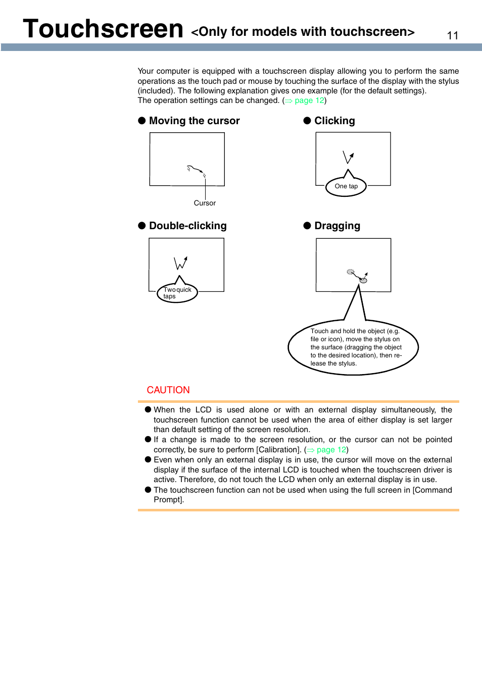 Touchscreen, Only for models with touchscreen | Panasonic CF-T1 User Manual | Page 11 / 72