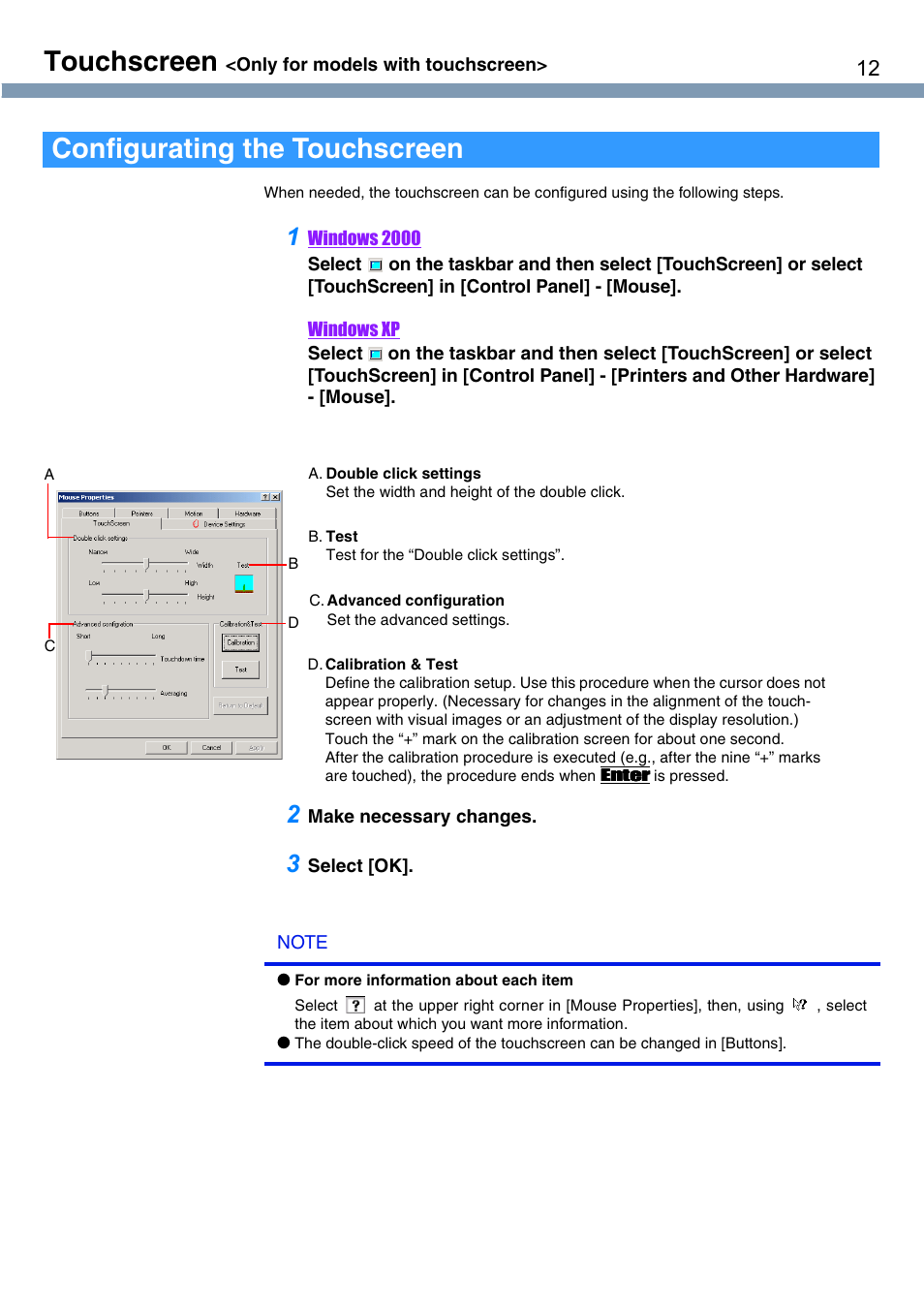 Touchscreen, Configurating the touchscreen | Panasonic CF-T1 User Manual | Page 12 / 72