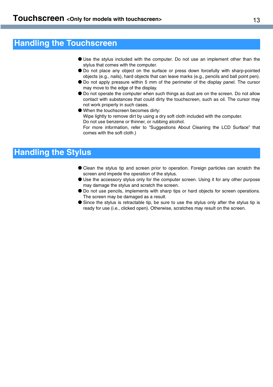 Touchscreen, Handling the touchscreen handling the stylus | Panasonic CF-T1 User Manual | Page 13 / 72