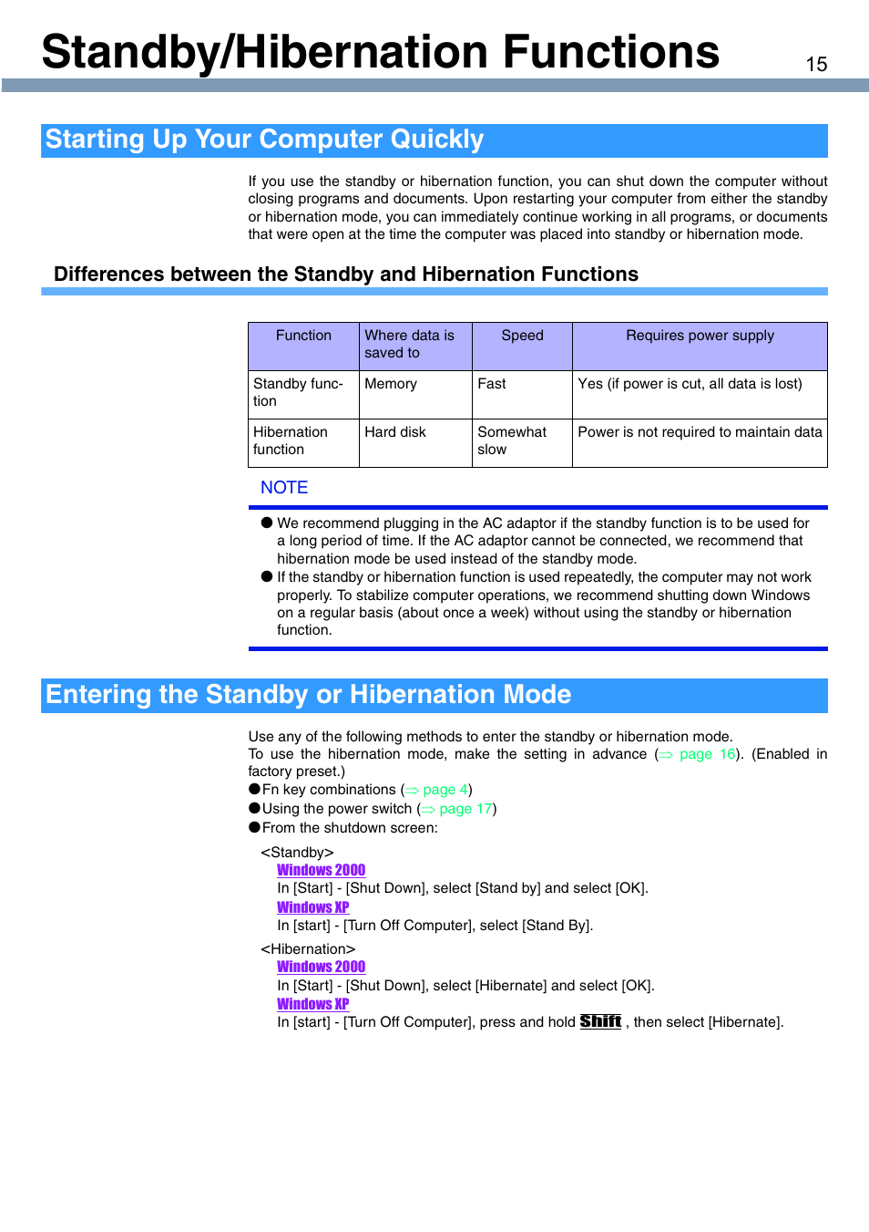 Standby/hibernation functions, Starting up your computer quickly, Entering the standby or hibernation mode | Panasonic CF-T1 User Manual | Page 15 / 72