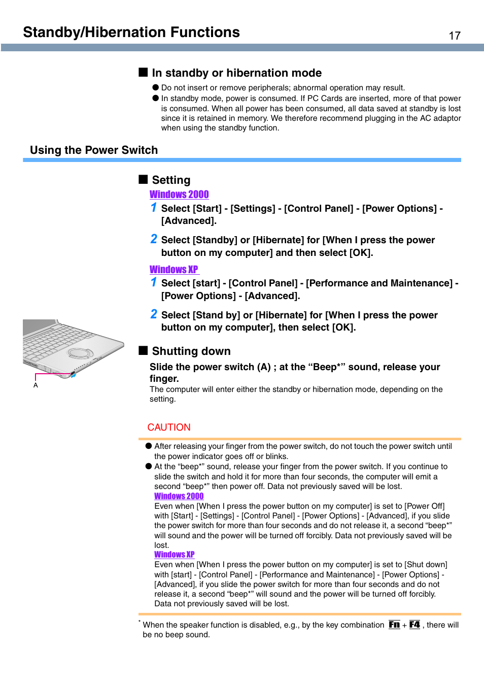 Standby/hibernation functions | Panasonic CF-T1 User Manual | Page 17 / 72